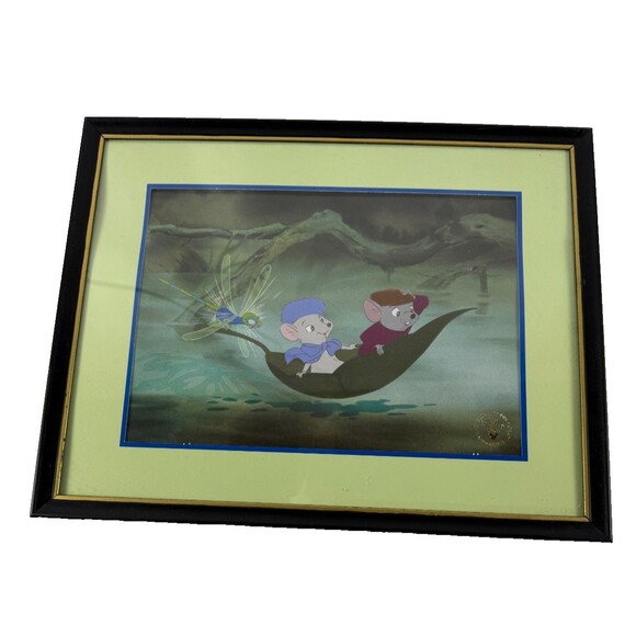 Disney Lithograph Print The Rescuers Mice Leaf Dragonfly Black Frame - Picture 1 of 4